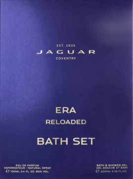 Granatowy zestaw Jaguar Era Reloaded z perfumami 100ml i żelem 200ml, ze złotym logo na matowym pudełku.