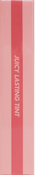 Pionowe opakowanie Rom&nd Juicy Lasting Tint w jasnoróżowe i koralowe pasy, z białym napisem 'JUICY LASTING TINT'.
