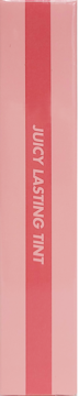Pionowe opakowanie Rom&nd Juicy Lasting Tint w jasnoróżowe i koralowe pasy, z białym napisem 'JUICY LASTING TINT'.