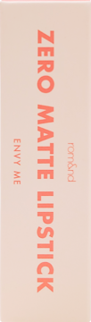 Pionowe opakowanie szminki Rom&nd Zero Matte Lipstick w jasnym, matowym beżu z koralowym napisem.