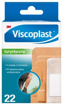 Niebieskie pudełko plastrów Viscoplast turystyczny, 22 szt., widok przód, z grafiką kolana i plastrów.