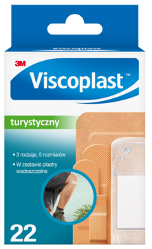 Niebieskie pudełko plastrów Viscoplast turystyczny, 22 szt., widok przód, z grafiką kolana i plastrów.