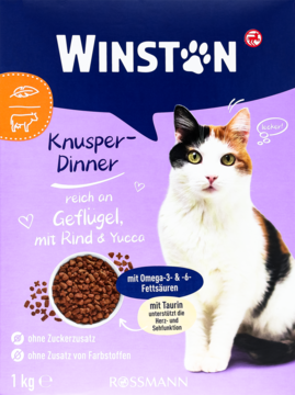 Winston Knusper-Dinner, karma dla kota, 1 kg. Fioletowo-niebieskie opakowanie z kotem i suchą karmą, widok z przodu.