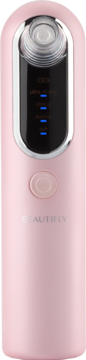 Różowe urządzenie Beautifly B-Derma Blush do mikrodermabrazji, widok z przodu, z panelem i przyciskiem.