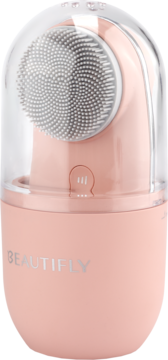 Różowa szczoteczka soniczna Beautifly Fresh Duo Care Blush 2w1, z przezroczystą osłoną, widok z przodu.