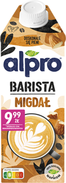 Alpro Barista Migdał, napój migdałowy w brązowym kartonie, z latte art na kawie i migdałami, widok z przodu.