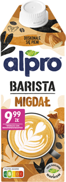 Alpro Barista Migdał, napój migdałowy w brązowym kartonie, z latte art na kawie i migdałami, widok z przodu.
