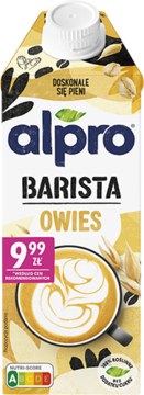 Alpro Barista Owies, beżowy karton napoju owsianego do kawy z latte art, widok z przodu.