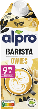 Alpro Barista Owies, beżowy karton napoju owsianego do kawy z latte art, widok z przodu.