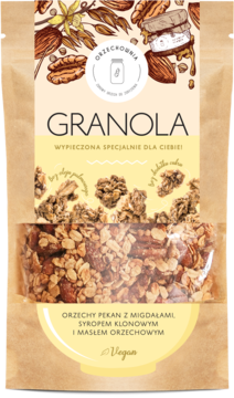 ORZECHOWNIA ,granola orzechowo-zbożowa, Orzechy Pekan z Migdałami, syropem klonowym i masłem orzechowym,przód