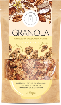Wegańska granola Orzechownia z pekan, migdałami, syropem klonowym w torebce z okienkiem, widok z przodu.