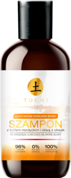 Szampon Tochi na łojotokowe zapalenie skóry, z torfem i oliwą, brązowa butelka, widok z przodu.
