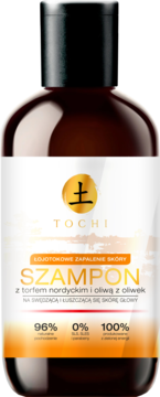 Szampon Tochi na łojotokowe zapalenie skóry, z torfem i oliwą, brązowa butelka, widok z przodu.