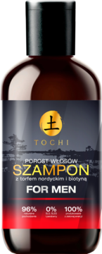 Szampon Tochi For Men z torfem i biotyną, ciemna butelka z czarną nakrętką, widok z przodu.