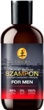 Szampon Tochi For Men z torfem i biotyną, ciemna butelka z czarną nakrętką, widok z przodu.