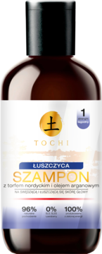 Brązowa butelka szamponu Tochi na łuszczycę, z torfem nordyckim i arganem, łagodząca świąd, widok z przodu.