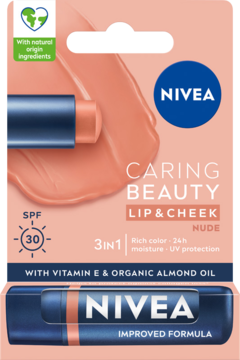 NIVEA Caring Beauty Lip & Cheek Nude SPF30 w beżowym opakowaniu z widocznym kolorem produktu.