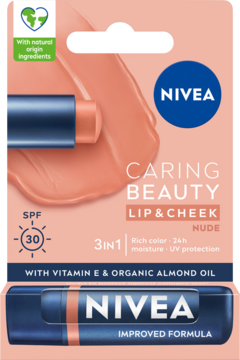 NIVEA Caring Beauty Lip & Cheek Nude SPF30 w beżowym opakowaniu z widocznym kolorem produktu.