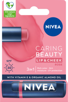 Różowy NIVEA Lip & Cheek Rose z SPF 30, pomadka w blistrze, widok z przodu. Zawiera witaminę E i olej migdałowy.