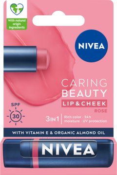 Różowy NIVEA Lip & Cheek Rose z SPF 30, pomadka w blistrze, widok z przodu. Zawiera witaminę E i olej migdałowy.
