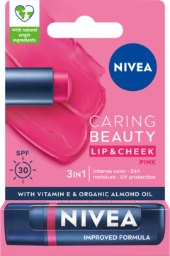 NIVEA Caring Beauty Lip & Cheek Pink w opakowaniu, pomadka 3w1 z SPF 30, witaminą E i olejem migdałowym.