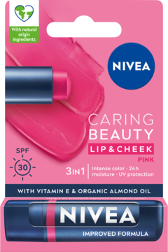 NIVEA Caring Beauty Lip & Cheek Pink w opakowaniu, pomadka 3w1 z SPF 30, witaminą E i olejem migdałowym.