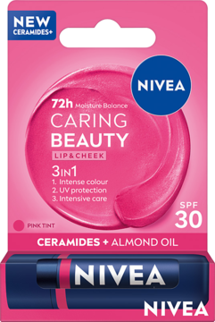 NIVEA Caring Beauty 3w1 pomadka do ust Pink Tint, SPF 30, z ceramidami. Opakowanie blistrowe, widok z przodu.