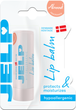 Hipoalergiczny balsam do ust Jelp Almond w blistrze, widok z przodu, biało-różowa sztyft z niebieskim logo.