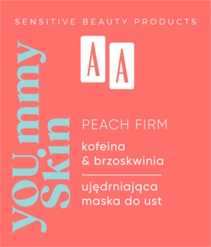 Różowe opakowanie ujędrniającej maski do ust AA You.mmy Skin Peach Firm z brzoskwinią i kofeiną.