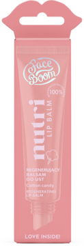 Różowy balsam do ust FaceBoom Nutri Cotton Candy w tubce, widoczny w otwartym pudełku w kształcie ust.