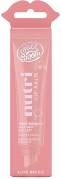 Różowy balsam do ust FaceBoom Nutri Cotton Candy w tubce, widoczny w otwartym pudełku w kształcie ust.