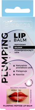 Bielenda Plumping Peptide Lip Balm, bezbarwny, z efektem powiększającym usta, w różowo-niebieskim opakowaniu, widok z przodu.