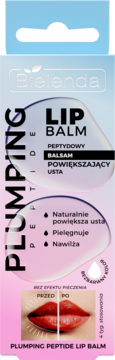 Bielenda Plumping Peptide Lip Balm, bezbarwny, z efektem powiększającym usta, w różowo-niebieskim opakowaniu, widok z przodu.