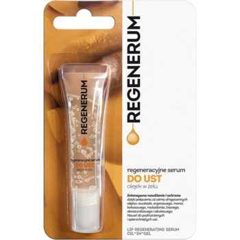 Regenerum regeneracyjne serum do ust olejek w żelu, w tubce, w złoto-białym opakowaniu, widok z przodu.