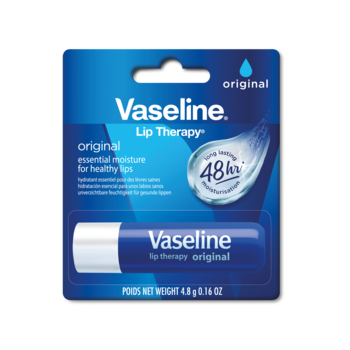 Vaseline Lip Therapy original, balsam do ust w niebieskim sztyfcie, 48h nawilżenia, widok z przodu opakowania.
