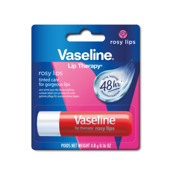 Vaseline Lip Therapy Rosy Lips, różowy balsam do ust w czerwonym sztyfcie, w niebiesko-różowym opakowaniu z napisem 48h.
