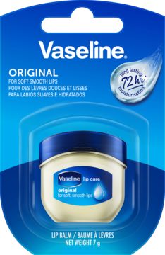 Vaseline Original lip balm w blistrze, mały biały słoiczek z niebieską zakrętką, 72h nawilżenia, 7g.
