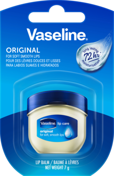Vaseline Original lip balm w blistrze, mały biały słoiczek z niebieską zakrętką, 72h nawilżenia, 7g.