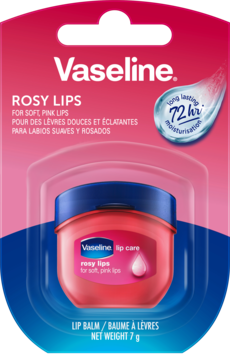 Vaseline Rosy Lips lip balm, pink 7g jar in clear blister pack, front view, highlighting 72hr moisturization.