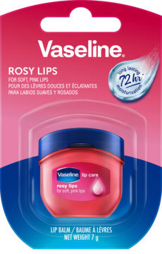 Vaseline Rosy Lips lip balm, pink 7g jar in clear blister pack, front view, highlighting 72hr moisturization.
