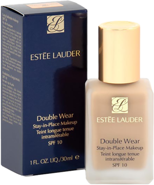 Estée Lauder Double Wear, matujący podkład do twarzy SPF10 w jasnobeżowej butelce i granatowym pudełku, widok z przodu.