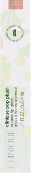 Pionowe opakowanie Clinique Pop Plush Airkiss Pop, kremowy błyszczyk do ust, białe z liśćmi, logo C.