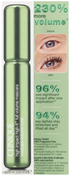 Zielony tusz Clinique High Impact High-Fi, widok z przodu, obok danych o 230% zwiększonej objętości rzęs.
