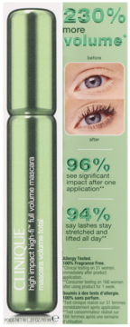 Zielony tusz Clinique High Impact High-Fi, widok z przodu, obok danych o 230% zwiększonej objętości rzęs.
