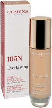 Clarins Everlasting 105N Nude matte foundation bottle and box, angled view showing product details.