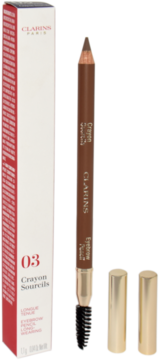 Clarins 03 Soft Blond long-wearing eyebrow pencil with brush, standing next to its white box and gold caps.