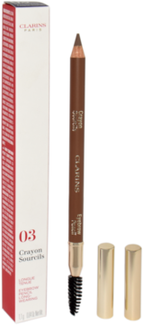 Clarins 03 Soft Blond long-wearing eyebrow pencil with brush, standing next to its white box and gold caps.