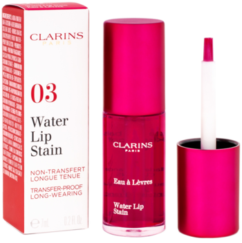 Clarins Water Lip Stain 03 Red Water w magenta butelce i białym pudełku, z wyjętym aplikatorem.
