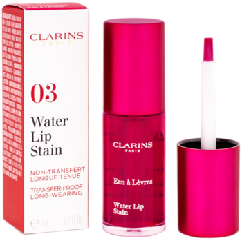 Clarins Water Lip Stain 03 Red Water w magenta butelce i białym pudełku, z wyjętym aplikatorem.