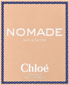 Chloé Nomade Nuit D'Egypte woda perfumowana, brzoskwiniowe pudełko z niebieskim brzegiem, zapach kwiatowo-bursztynowy.